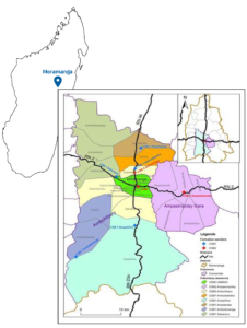 Carte de la zone du SSDS de Moramanga avec les 3 communes, les 30 villages et les Centres de santé de base de rattachement